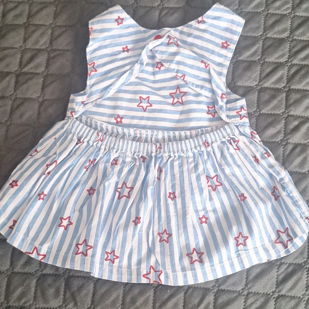 Striped Blue and Red Star Dress with Bloomers, size 6-9 months